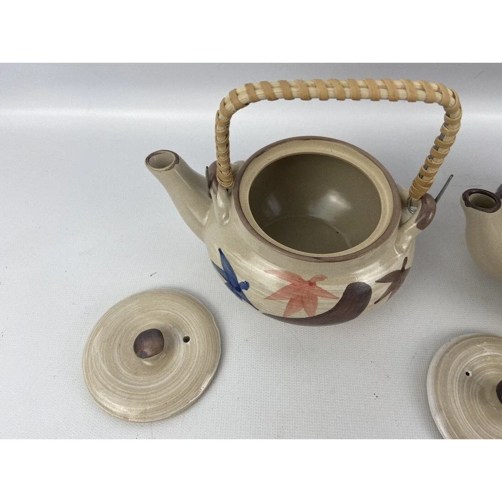 Three‎ Japanese Single Serve Tea Sets Teapot Bowl/Cup Plate Stoneware Rattan